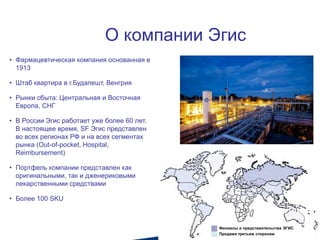 Филиалы и представительства ЭГИС
Продажи третьим сторонам
О компании Эгис
• Фармацевтическая компания основанная в
1913
• Штаб квартира в г.Будапешт, Венгрия
• Рынки сбыта: Центральная и Восточная
Европа, СНГ
• В России Эгис работает уже более 60 лет.
В настоящее время, SF Эгис представлен
во всех регионах РФ и на всех сегментах
рынка (Out-of-pocket, Hospital,
Reimbursement)
• Портфель компании представлен как
оригинальными, так и дженериковыми
лекарственными средствами
• Более 100 SKU
 