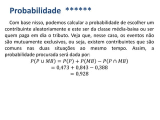 Probabilidade ******
Com base nisso, podemos calcular a probabilidade de escolher um
contribuinte aleatoriamente e este ser da classe média-baixa ou ser
quem paga em dia o tributo. Veja que, nesse caso, os eventos não
são mutuamente exclusivos, ou seja, existem contribuintes que são
comuns nas duas situações ao mesmo tempo. Assim, a
probabilidade procurada será dada por:
𝑃 𝑃 ∪ 𝑀𝐵 = 𝑃 𝑃 + 𝑃 𝑀𝐵 − 𝑃 𝑃 ∩ 𝑀𝐵
= 0,473 + 0,843 − 0,388
= 0,928
 