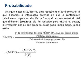 Probabilidade
Veja que, nesse caso, ocorreu uma redução no espaço amostral, já
que tínhamos a informação anterior de que o contribuinte
selecionado pagava em dia. Dessa forma, do espaço amostral total
que tínhamos (101.850), ele foi reduzido para 48.249 e, destes,
interessavam-nos os que eram da classe social média-baixa. Sendo
assim:
 