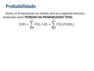 Probabilidade
Assim, se B representa um evento, tem-se o seguinte teorema,
conhecido como TEOREMA DA PROBABILIDADE TOTAL
𝑃 𝐵 =
𝑖=1
𝑛
𝑃 𝐸𝑖 ∩ 𝐵 =
𝑖=1
𝑛
𝑃 𝐸𝑖 𝑃(𝐵|𝐸𝑖)
 