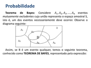 Probabilidade
Teorema de Bayes: Considere 𝐴1, 𝐴2, 𝐴3, … , 𝐴 𝑛 eventos
mutuamente excludentes cuja união representa o espaço amostral S,
isto é, um dos eventos necessariamente deve ocorrer. Observe o
diagrama seguinte:
Assim, se B é um evento qualquer, temos o seguinte teorema,
conhecido como TEOREMA DE BAYES, representado pela expressão:
 