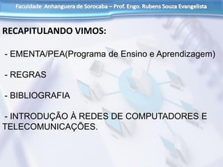 RECAPITULANDO VIMOS:
- EMENTA/PEA(Programa de Ensino e Aprendizagem)
- REGRAS
- BIBLIOGRAFIA
- INTRODUÇÃO À REDES DE COMPUTADORES E
TELECOMUNICAÇÕES.
 
