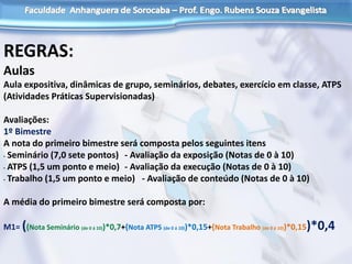 REGRAS:
Aulas
Aula expositiva, dinâmicas de grupo, seminários, debates, exercício em classe, ATPS
(Atividades Práticas Supervisionadas)
Avaliações:
1º Bimestre
A nota do primeiro bimestre será composta pelos seguintes itens
• Seminário (7,0 sete pontos) - Avaliação da exposição (Notas de 0 à 10)
• ATPS (1,5 um ponto e meio) - Avaliação da execução (Notas de 0 à 10)
• Trabalho (1,5 um ponto e meio) - Avaliação de conteúdo (Notas de 0 à 10)
A média do primeiro bimestre será composta por:
M1= ((Nota Seminário (de 0 á 10))*0,7+(Nota ATPS (de 0 á 10))*0,15+(Nota Trabalho (de 0 á 10))*0,15)*0,4
 