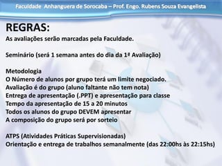 REGRAS:
As avaliações serão marcadas pela Faculdade.
Seminário (será 1 semana antes do dia da 1ª Avaliação)
Metodologia
O Número de alunos por grupo terá um limite negociado.
Avaliação é do grupo (aluno faltante não tem nota)
Entrega de apresentação (.PPT) e apresentação para classe
Tempo da apresentação de 15 a 20 minutos
Todos os alunos do grupo DEVEM apresentar
A composição do grupo será por sorteio
ATPS (Atividades Práticas Supervisionadas)
Orientação e entrega de trabalhos semanalmente (das 22:00hs às 22:15hs)
 