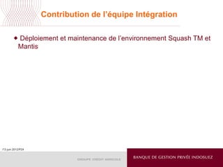 /13 juin 2012/P24
Contribution de l’équipe Intégration
 Déploiement et maintenance de l’environnement Squash TM et
Mantis
 