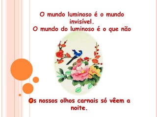 O mundo luminoso é o mundo invisível. O mundo do luminoso é o que não vemos. Os nossos olhos carnais só vêem a noite. 