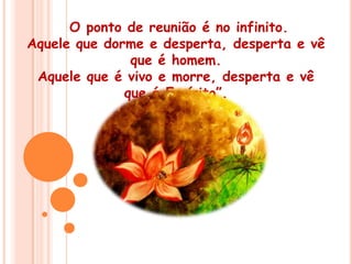  O ponto de reunião é no infinito. Aquele que dorme e desperta, desperta e vê que é homem. Aquele que é vivo e morre, desperta e vê que é Espírito”.(Victor Hugo)