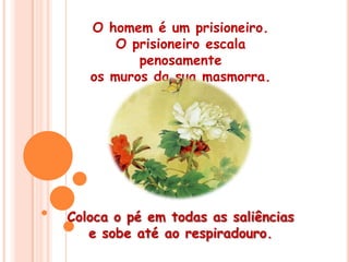 O homem é um prisioneiro. O prisioneiro escala penosamente os muros da sua masmorra. Coloca o pé em todas as saliências e sobe até ao respiradouro. 