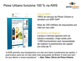 Peixe Urbano funciona 100 % na AWS

                                  Uso da AWS:
                                  100% do serviço do Peixe Urbano e
                                  também um ERP SAP

                                  Mais de 100 milhões de requisições por
                                  mês em seu site!

                                  Benefícios de Negócio:
                                  Lançou o serviço apenas com os
                                  sócios e escalou ( hoje conta com
                                  1.000 funcionários) sem necessidade
                                  de realizar investimentos de capital
                                  em infra de TI

 “A AWS permitiu que lançássemos um site com baixo investimento de capital, o
 qual evoluiu para ser um dos sites mais acessados do Brasil. E tudo isso sem
 ter que alterar a nossa arquitetura.” – Alex Tabor, Sócio do Peixe Urbano
 