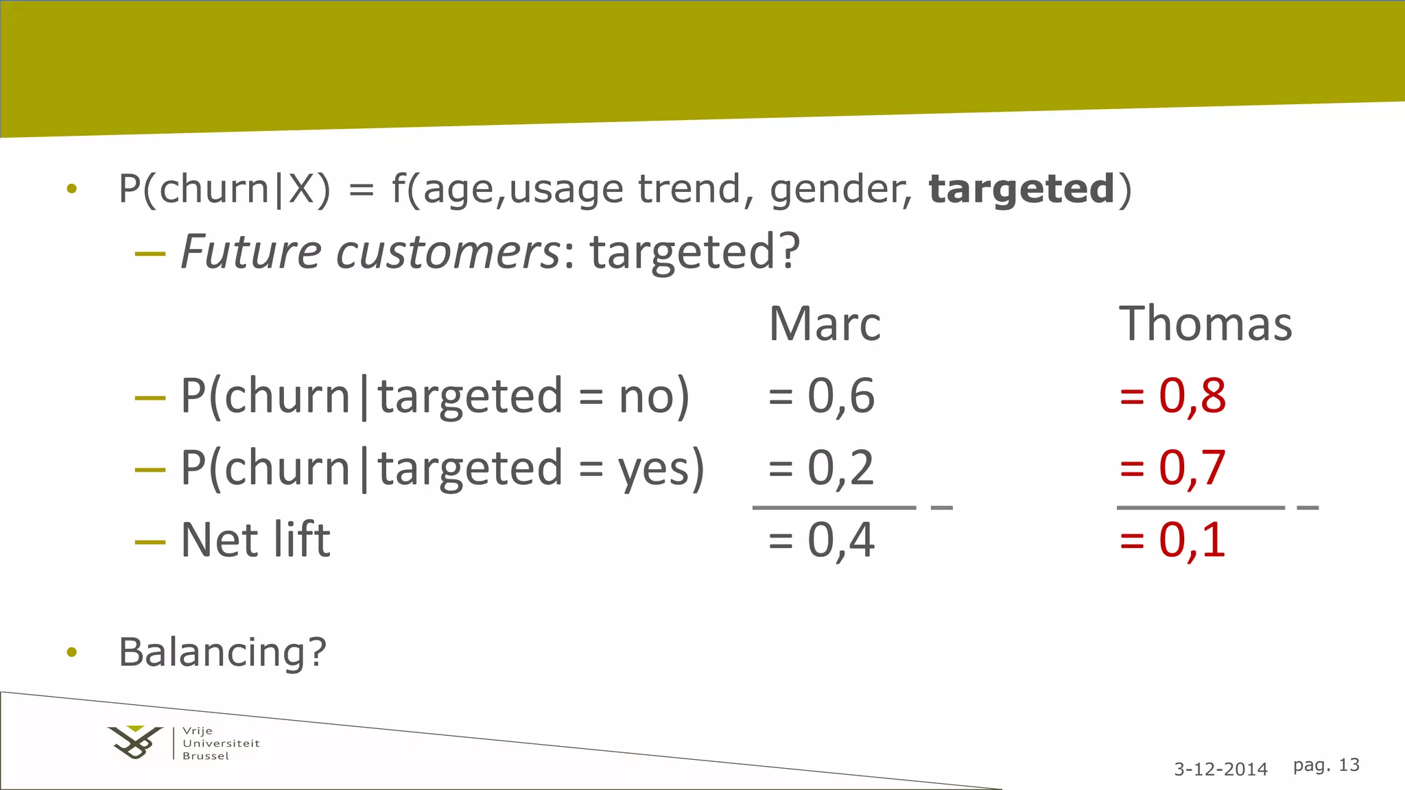 3-12-2014 pag. 13 
• P(churn|X) = f(age,usage trend, gender, targeted) 
– Future customers: targeted? 
Marc Thomas 
– P(churn|targeted = no) = 0,6 = 0,8 
– P(churn|targeted = yes) = 0,2 = 0,7 
– Net lift = 0,4 = 0,1 
• Balancing? 
 