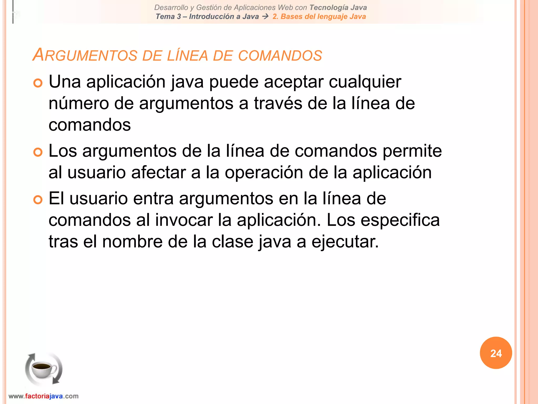 19ArraysAccediendo elementos de un arrayNormalmente es mejor inicializar o instanciar el array justo después de la declaración del mismo. Por ejemplo:Preferimos esto:	int []arr = new int[100];Antes que esto:	int []arr;	arr = new int[100];Los elementos de un n-array tienen índices desde 0 hasta n-1. Si nos salimos de este rango, por ejemplo usando un miArray[n], obtendremos una ArrayIndexOutOfBoundsException.Y recuerda, no se puede redimensionar un array.