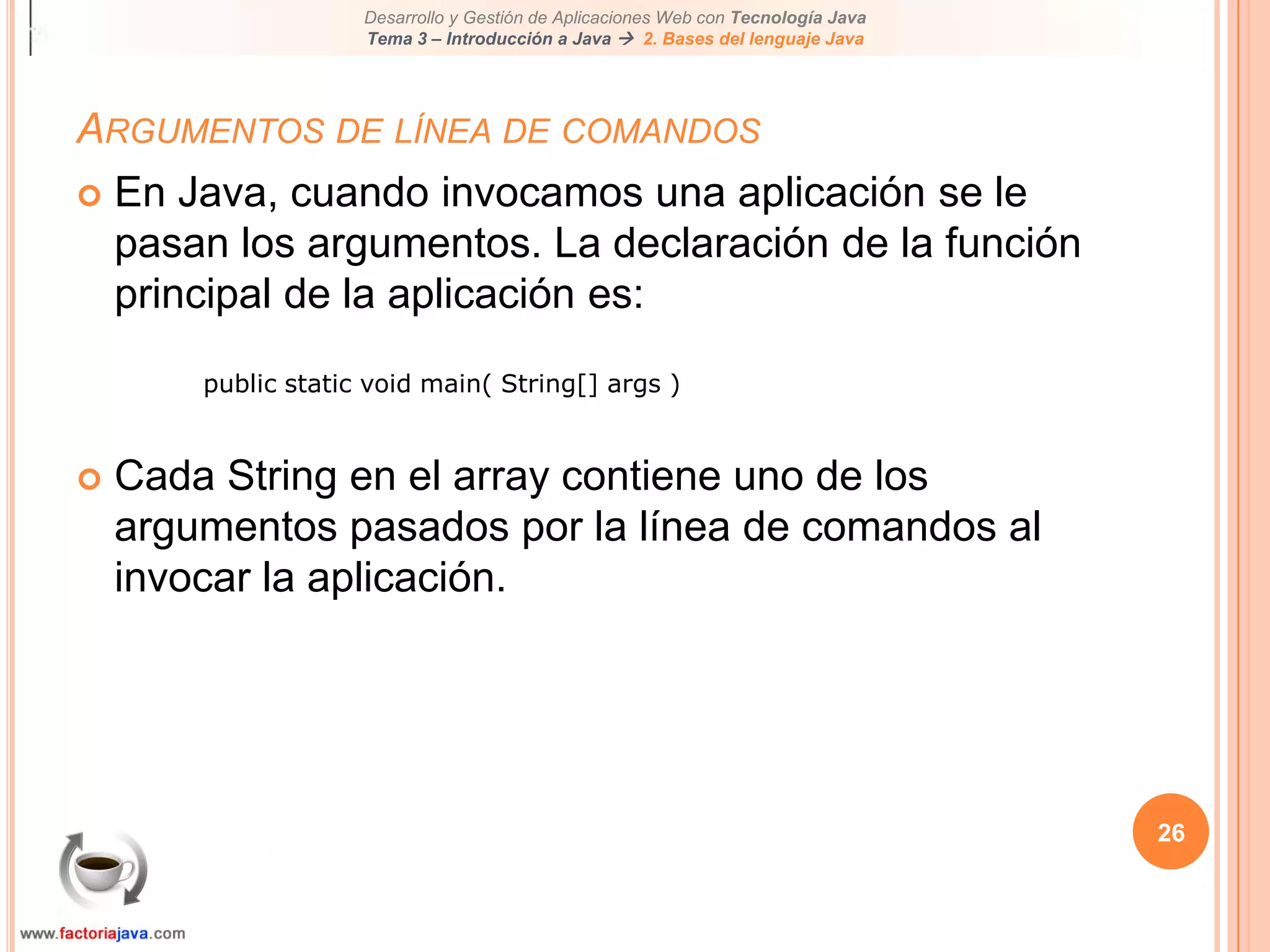 21ArraysArrays multi-dimensionalesLos arrays multidimensionales son implementados como arrays de arrays.Se declaran:// integer array 512 x 128 elementsint[][] twoD = new int[512][128];// character array 8 x 16 x 24char[][][] threeD = new char[8][16][24];// String array 4 rows x 2 columnsString[][] dogs = {{ "terry", "brown" },{ "Kristin", "white" },{ "toby", "gray"},{ "fido", "black"}};