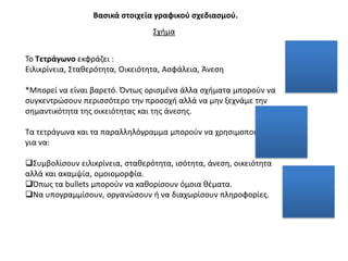 Βαςικά ςτοιχεία γραφικοφ ςχεδιαςμοφ.
                                  ΢χιμα


Σο Σετράγωνο εκφράηει :
Ειλικρίνεια, ΢τακερότθτα, Οικειότθτα, Αςφάλεια, Άνεςθ

*Μπορεί να είναι βαρετό. Όντωσ οριςμζνα άλλα ςχιματα μποροφν να
ςυγκεντρϊςουν περιςςότερο τθν προςοχι αλλά να μθν ξεχνάμε τθν
ςθμαντικότθτα τθσ οικειότθτασ και τθσ άνεςθσ.

Σα τετράγωνα και τα παραλλθλόγραμμα μποροφν να χρθςιμοποιθκοφν
για να:

΢υμβολίςουν ειλικρίνεια, ςτακερότθτα, ιςότθτα, άνεςθ, οικειότθτα
αλλά και ακαμψία, ομοιομορφία.
Όπωσ τα bullets μποροφν να κακορίςουν όμοια κζματα.
Να υπογραμμίςουν, οργανϊςουν ι να διαχωρίςουν πλθροφορίεσ.
 