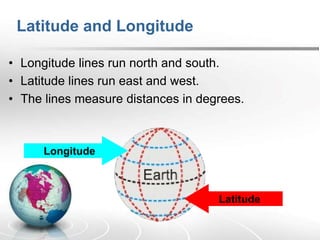 • Longitude lines run north and south.
• Latitude lines run east and west.
• The lines measure distances in degrees.
Latitude
Longitude
Latitude and Longitude
 