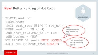 Copyright © 2017, Oracle and/or its affiliates. All rights reserved. |
New! Better Handing of Hot Rows
15
SELECT seat_no
FROM seats
JOIN seat_rows USING ( row_no )
WHERE seat_no IN (3,4)
AND seat_rows.row_no IN (12)
AND booked = 'NO'
FOR UPDATE OF seats SKIP LOCKED
FOR SHARE OF seat_rows NOWAIT;
Non
deterministically
skip over locked
rows
Error immediately
if a row is already
locked
Feature Request
from Developers
 