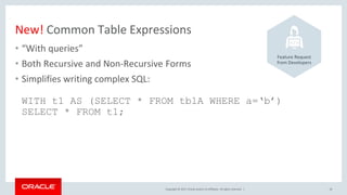 Copyright © 2017, Oracle and/or its affiliates. All rights reserved. |
New! Common Table Expressions
• “With queries”
• Both Recursive and Non-Recursive Forms
• Simplifies writing complex SQL:
WITH t1 AS (SELECT * FROM tblA WHERE a=‘b’)
SELECT * FROM t1;
16
Feature Request
from Developers
 