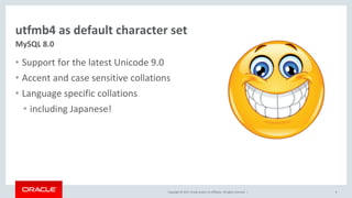 Copyright © 2017, Oracle and/or its affiliates. All rights reserved. |
utfmb4 as default character set
• Support for the latest Unicode 9.0
• Accent and case sensitive collations
• Language specific collations
• including Japanese!
9
MySQL 8.0
 