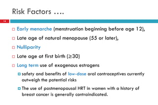 Risk Factors ….
 Early menarche (menstruation beginning before age 12),
 Late age of natural menopause (55 or later),
 Nulliparity
 Late age at first birth (≥30)
 Long term use of exogenous estrogens
 safety and benefits of low-dose oral contraceptives currently
outweigh the potential risks
 The use of postmenopausal HRT in women with a history of
breast cancer is generally contraindicated.
14
 