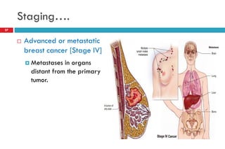 Staging….
 Advanced or metastatic
breast cancer [Stage IV]
 Metastases in organs
distant from the primary
tumor.
27
 