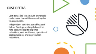 COST DELTAS
Cost deltas are the amount of increase
or decrease that will be caused by the
transformation.
Independent variables can affect cost
deltas. Earnings are largely based on
hard costs like capital expense
reductions, cost avoidance, operational
cost reductions, and depreciation
reductions.
 