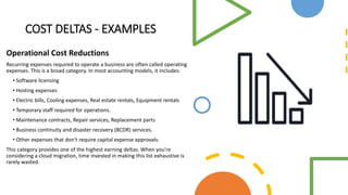 COST DELTAS - EXAMPLES
Operational Cost Reductions
Recurring expenses required to operate a business are often called operating
expenses. This is a broad category. In most accounting models, it includes:
• Software licensing
• Hosting expenses
• Electric bills, Cooling expenses, Real estate rentals, Equipment rentals
• Temporary staff required for operations.
• Maintenance contracts, Repair services, Replacement parts
• Business continuity and disaster recovery (BCDR) services.
• Other expenses that don't require capital expense approvals.
This category provides one of the highest earning deltas. When you're
considering a cloud migration, time invested in making this list exhaustive is
rarely wasted.
 