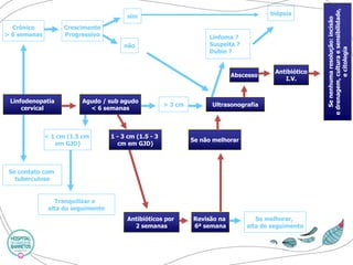 Crônico 
> 6 semanas 
Crescimento 
Progressivo 
sim 
não 
Linfodenopatia 
cervical 
Se contato com 
tuberculose 
Agudo / sub agudo 
< 6 semanas 
> 3 cm 
Ultrasonografia 
Linfoma ? 
Suspeita ? 
Dúbio ? 
Abscesso 
Antibiótico 
I.V. 
< 1 cm (1.5 cm 
em GJD) 
1 -3 cm (1.5 -3 
cm em GJD) 
Se não melhorar 
Antibióticos por 
2 semanas 
biópsia 
Se nenhuma resolução: incisão 
e drenagem, cultura e sensibilidade, 
e citologia 
Tranquilizare 
alta do seguimento 
Revisão na 
6ª semana 
Se melhorar, 
alta do seguimento  