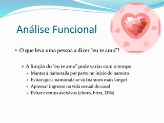 Análise Funcional
 O que leva uma pessoa a dizer “eu te amo”?
 A função do “eu te amo” pode variar com o tempo
 Manter a namorada por perto no início do namoro
 Evitar que a namorada se vá (namoro mais longo)
 Apressar ingresso na vida sexual do casal
 Evitar eventos aversivos (choro, birra, DRs)
 