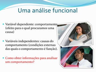 Uma análise funcional
 Variável dependente: comportamento
(efeito para o qual procuramos uma
causa)
 Variáveis independentes: causas do
comportamento (condições externas
das quais o comportamento é função).
 Como obter informações para analisar
um comportamento?
 