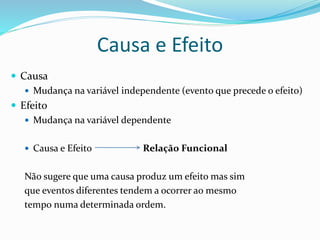 Causa e Efeito
 Causa
 Mudança na variável independente (evento que precede o efeito)
 Efeito
 Mudança na variável dependente
 Causa e Efeito Relação Funcional
Não sugere que uma causa produz um efeito mas sim
que eventos diferentes tendem a ocorrer ao mesmo
tempo numa determinada ordem.
 