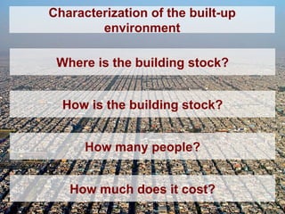 How is the building stock?
How many people?
How much does it cost?
Where is the building stock?
Characterization of the built-up
environment
 