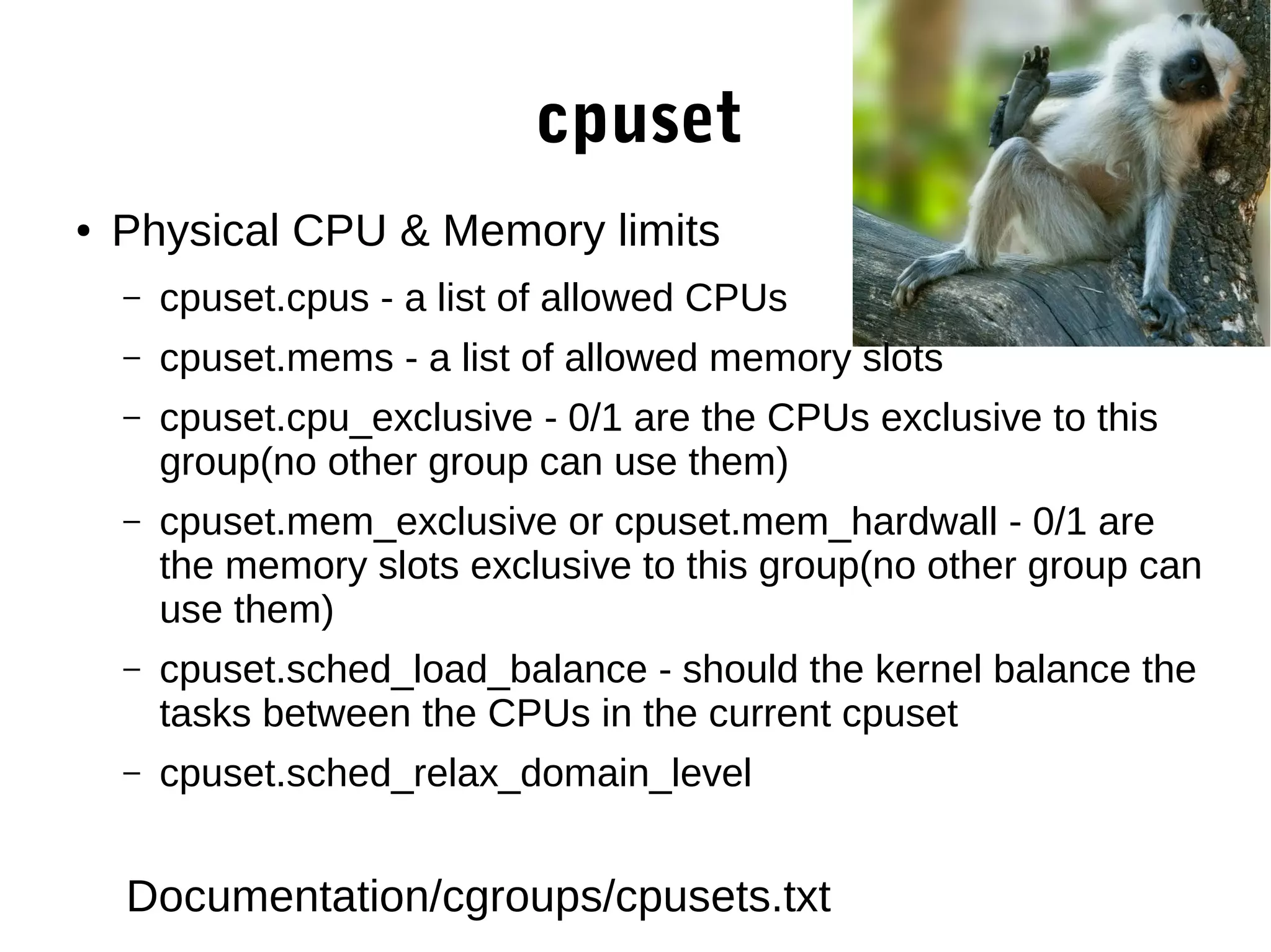 cpuset
● Physical CPU & Memory limits
– cpuset.cpus - a list of allowed CPUs
– cpuset.mems - a list of allowed memory slots
– cpuset.cpu_exclusive - 0/1 are the CPUs exclusive to this
group(no other group can use them)
– cpuset.mem_exclusive or cpuset.mem_hardwall - 0/1 are
the memory slots exclusive to this group(no other group can
use them)
– cpuset.sched_load_balance - should the kernel balance the
tasks between the CPUs in the current cpuset
– cpuset.sched_relax_domain_level
Documentation/cgroups/cpusets.txt
 