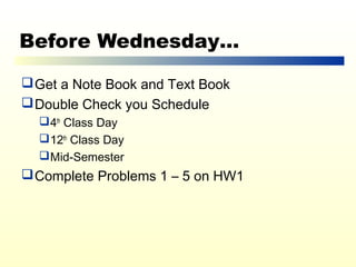 Before Wednesday…

 Get a Note Book and Text Book
 Double Check you Schedule
   4th Class Day
   12th Class Day
   Mid-Semester
 Complete Problems 1 – 5 on HW1
 