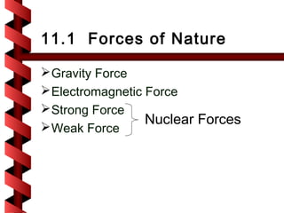 11.1 Forces of Nature

 Gravity Force
 Electromagnetic Force
 Strong Force
                  Nuclear Forces
 Weak Force
 
