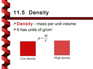 11.5 Density

 Density - mass per unit volume
 It has units of g/cm3
                    M
                 ρ=
                    V



   Low density          High density
 