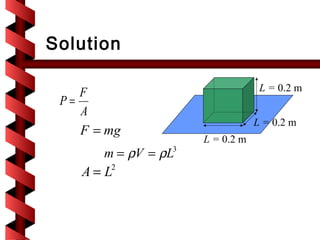 Solution

    F                              L = 0.2 m
 P=
    A
                                  L = 0.2 m
    F = mg
                      L = 0.2 m
       m = ρV = ρL3
    A= L2
 