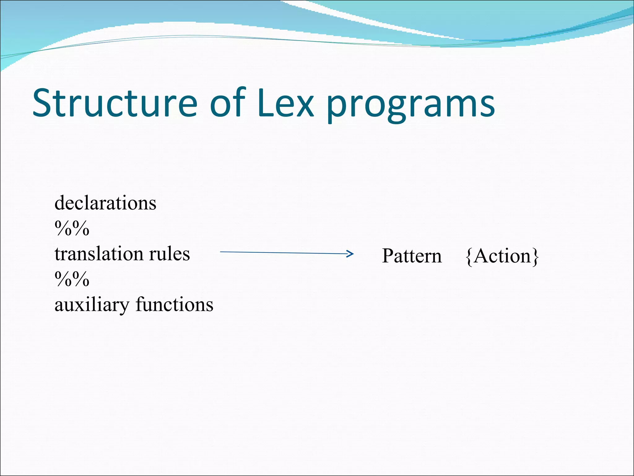 Structure of Lex programs declarations %% translation rules %% auxiliary functions Pattern  {Action} 