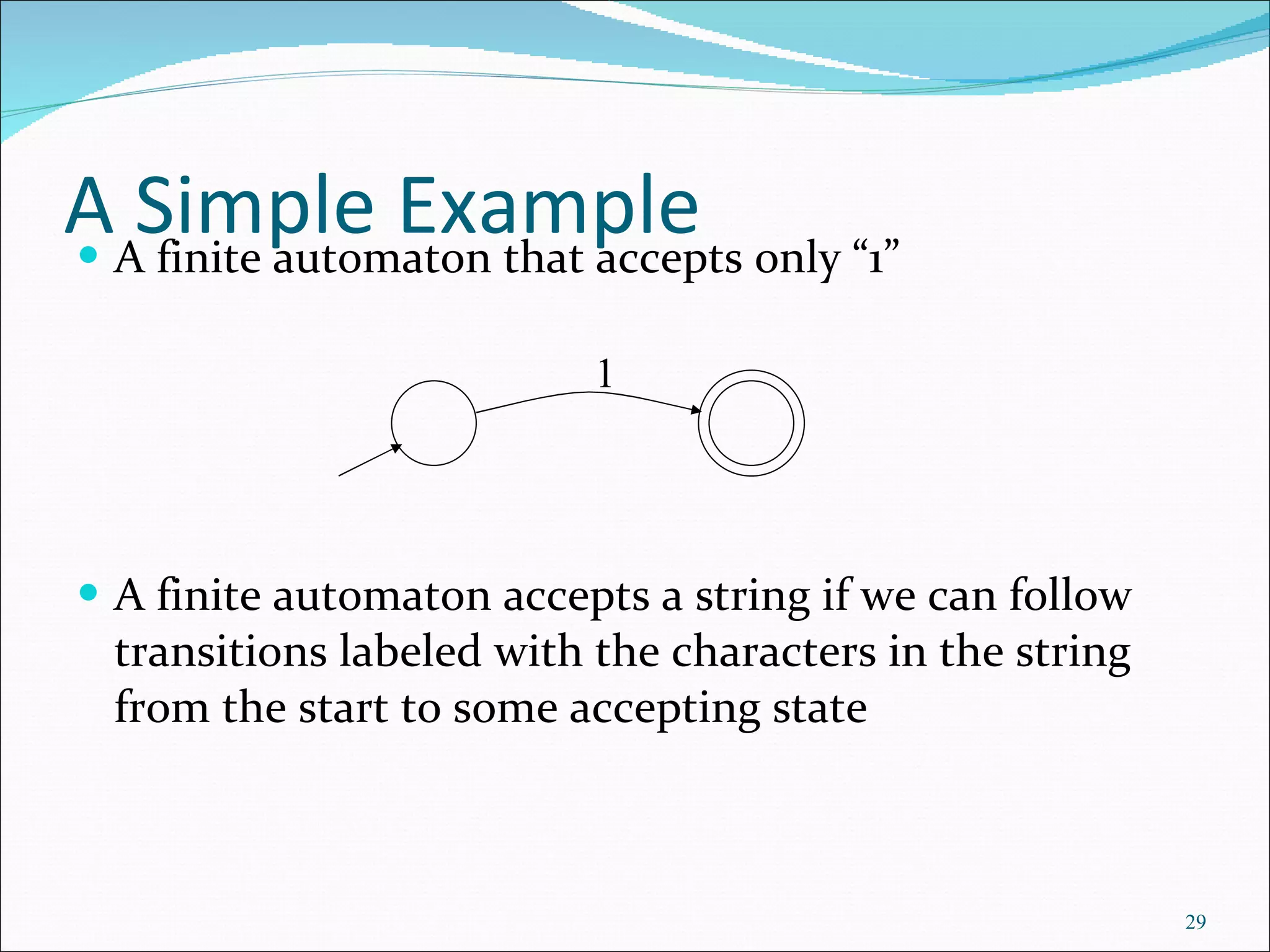 A Simple Example A finite automaton that accepts only “1” A finite automaton accepts a string if we can follow transitions labeled with the characters in the string from the start to some accepting state 1 