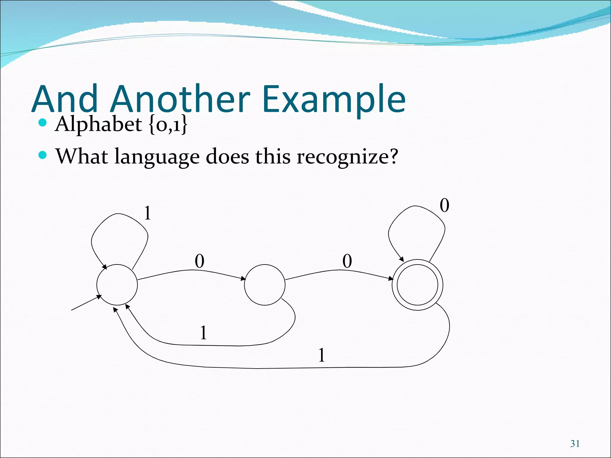 And Another Example Alphabet {0,1} What language does this recognize? 0 1 0 1 0 1 