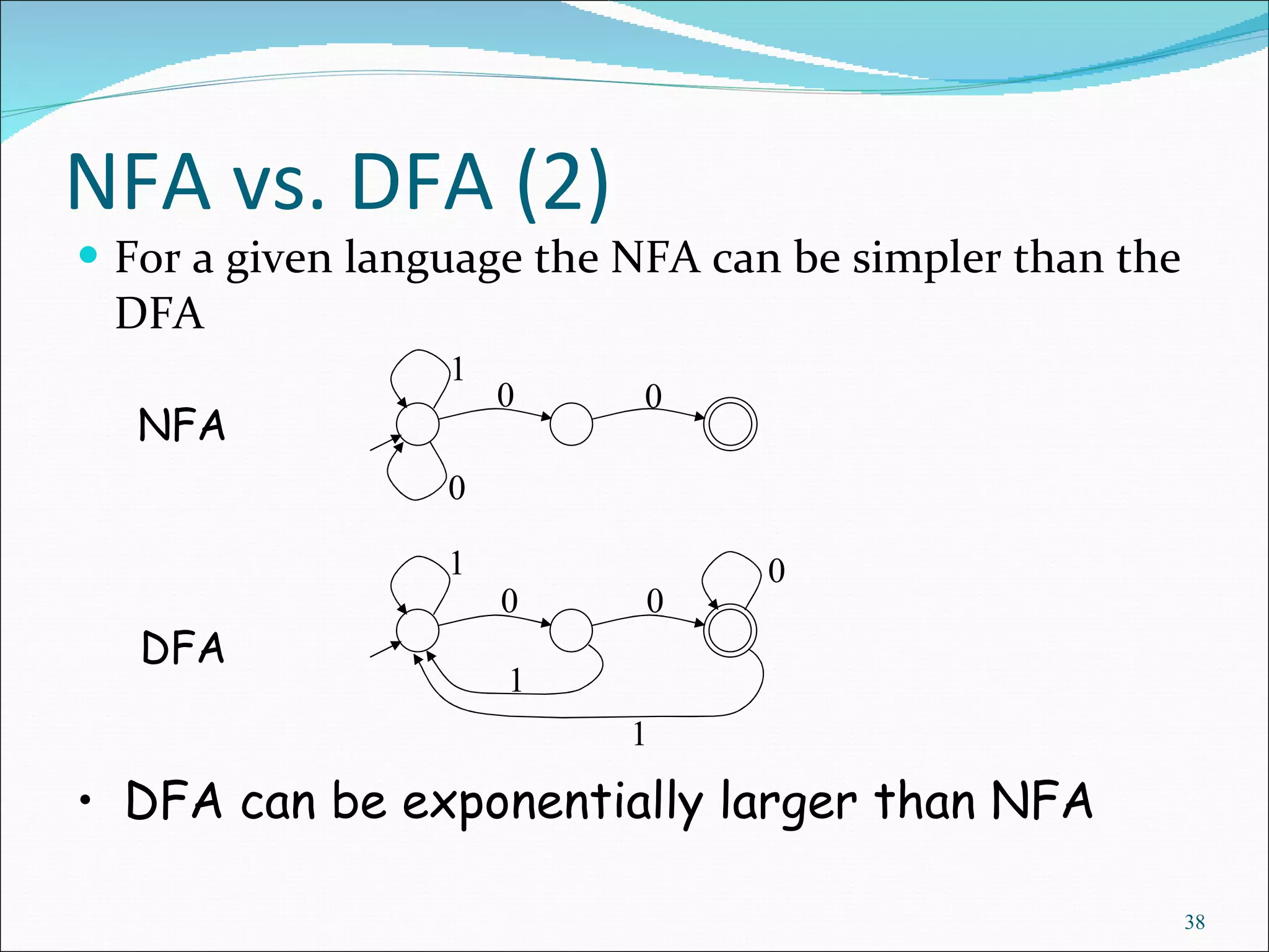 NFA vs. DFA (2) For a given language the NFA can be simpler than the DFA NFA DFA DFA can be exponentially larger than NFA 0 1 0 0 0 1 0 1 0 1 