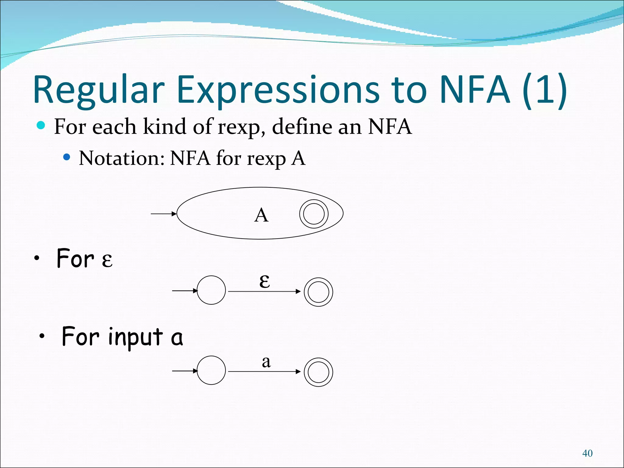Regular Expressions to NFA (1) For each kind of rexp, define an NFA Notation: NFA for rexp A  For   For input a A  a 