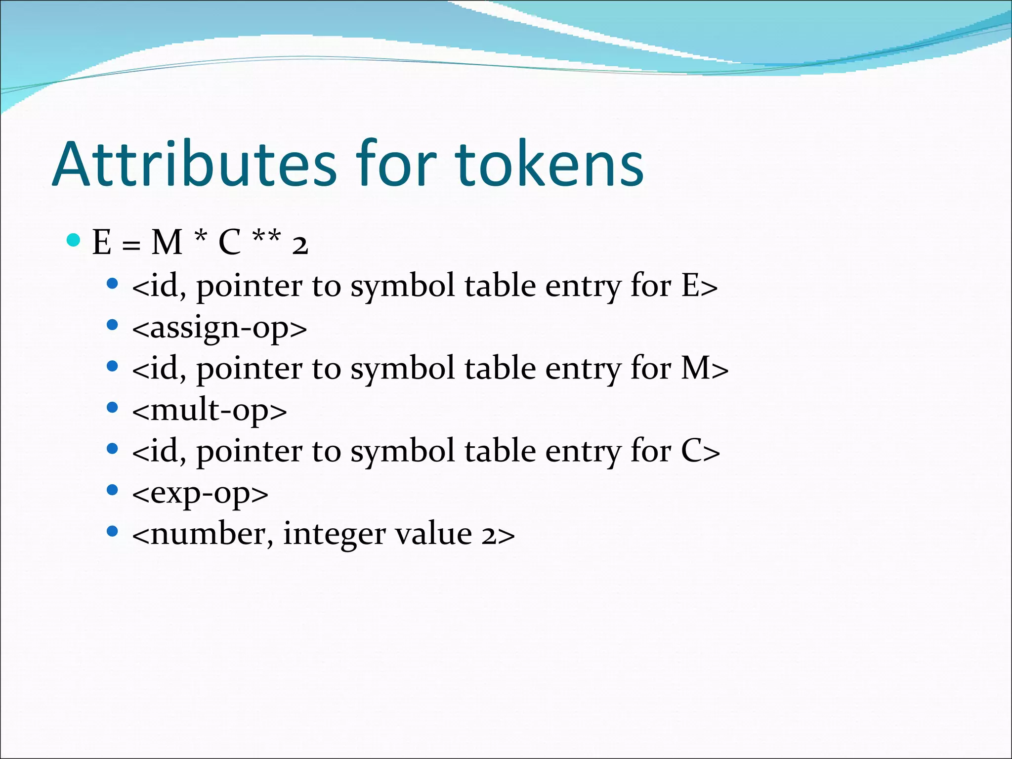Attributes for tokens E = M * C ** 2 <id, pointer to symbol table entry for E> <assign-op> <id, pointer to symbol table entry for M> <mult-op> <id, pointer to symbol table entry for C> <exp-op> <number, integer value 2> 