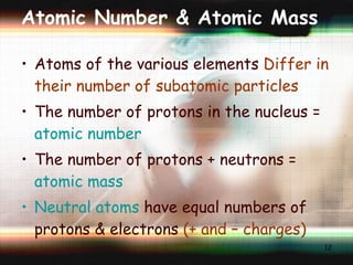 Atomic Number & Atomic Mass Atoms of the various elements  Differ in their number of subatomic particles The number of protons in the nucleus =  atomic number The number of protons + neutrons =  atomic mass Neutral atoms  have equal numbers of protons & electrons  (+ and – charges) 