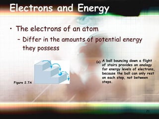 Electrons and Energy The electrons of an atom Differ in the amounts of potential energy they possess A ball bouncing down a flight of stairs provides an analogy for energy levels of electrons, because the ball can only rest on each step, not between steps. (a)   Figure 2.7A 
