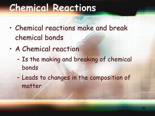 Chemical Reactions Chemical reactions make and break chemical bonds A Chemical reaction Is the making and breaking of chemical bonds Leads to changes in the composition of matter 