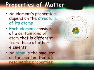 Properties of Matter An element’s properties depend on the  structure of its atoms Each element  consists of a  certain kind of atom  that is different from those of other elements An  atom  is the smallest unit of matter that still  retains the properties  of an element 