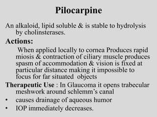 Pilocarpine
An alkaloid, lipid soluble & is stable to hydrolysis
by cholinsterases.
Actions:
When applied locally to cornea Produces rapid
miosis & contraction of ciliary muscle produces
spasm of accommodation & vision is fixed at
particular distance making it impossible to
focus for far situated objects
Therapeutic Use : In Glaucoma it opens trabecular
meshwork around schlemm’s canal
• causes drainage of aqueous humor
• IOP immediately decreases.
 