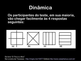 Os participantes do teste, em sua maioria, vão chegar facilmente às 4 respostas seguintes: Dinâmica Do livro “O Tiro e o Alvo”  Na Livraria da Travessa -  http://migre.me/105T7  Editora  http://www.caispharoux.com.br/   