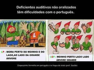 Deficientes auditivos não oralizados têm dificuldades com o português.  Chapeuzinho Vermelho em português e na língua de sinais (prof. Goulão) 