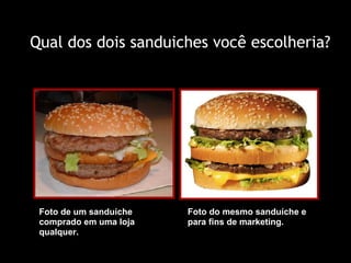 Qual dos dois sanduiches você escolheria? Foto de um sanduíche comprado em uma loja qualquer. Foto do mesmo sanduíche e para fins de marketing. 