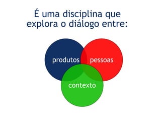 É uma disciplina que explora o diálogo entre: Usability Body of Knowledge -  Fonte: http://www.usabilitybok.org/design/p286 produtos pessoas contexto 